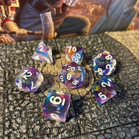 Festive Multi Color clear w/ White numbers 7 pc Dice Set D&D dungeons dragons