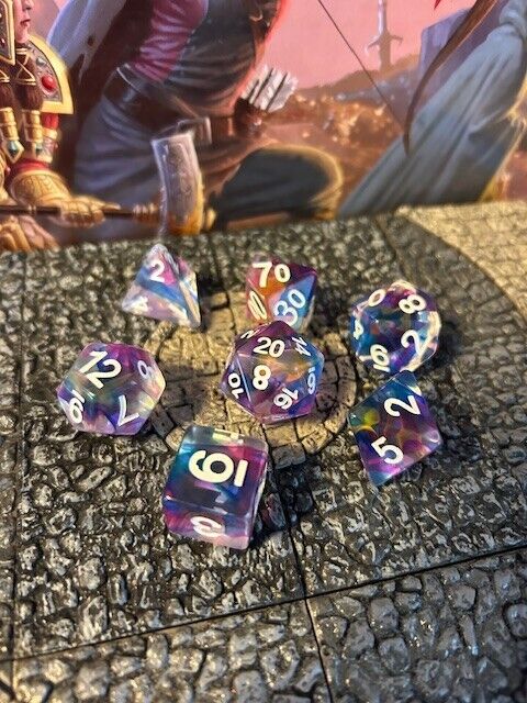 Festive Multi Color clear w/ White numbers 7 pc Dice Set D&D dungeons dragons