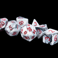 MDG MINI POLYHEDRAL 7 DICE SET Black / White Marble w/ Red numbers 10mm D&D Z