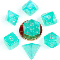 MDG MINI POLYHEDRAL 7 DICE Set Stardust Teal Turquoise w/ Silver 10mm D&D Z