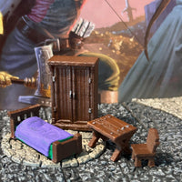 Bed Table Chair 4pc printed painted miniature Dungeon & Dragons D&D terrain PURP