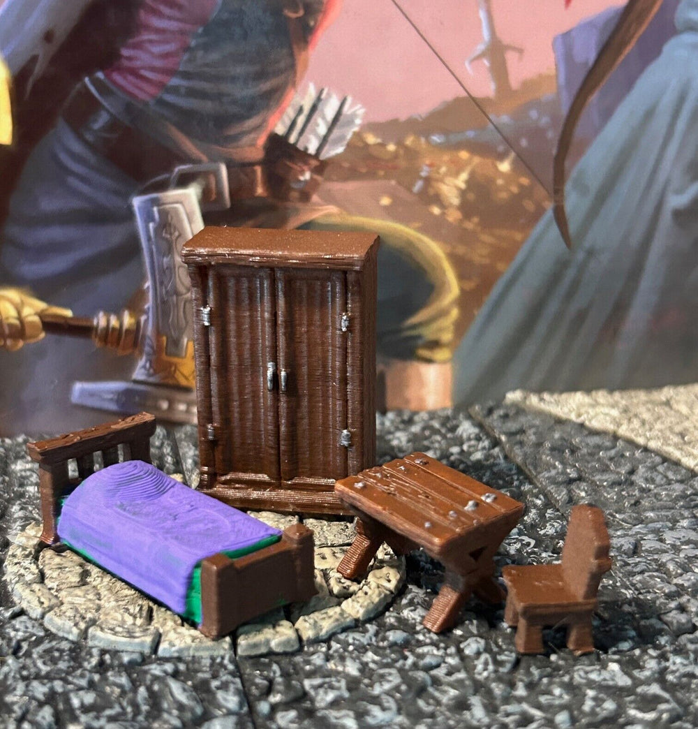 Bed Table Chair 4pc printed painted miniature Dungeon & Dragons D&D terrain PURP