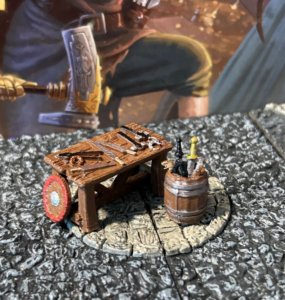 Weapons Barrel & Forge Table 2pc miniature Dungeon & Dragons D&D printed painted