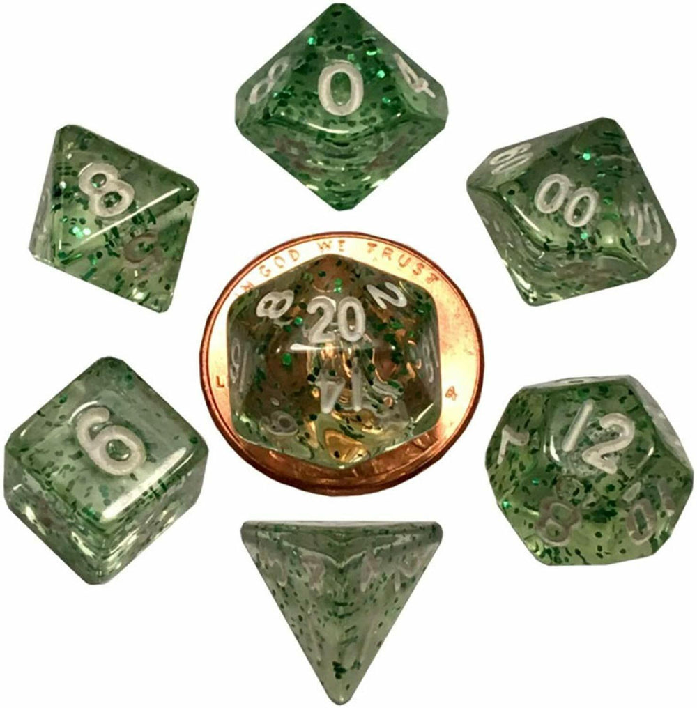 MDG MINI POLYHEDRAL 7 - 10mm DICE SET Ethereal Green w/ White numbers RPG D&D Z