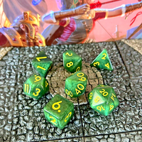 Elven Glitter Green w/ Yellow numbers 7pc Dice Set D&D dungeons dragons resin