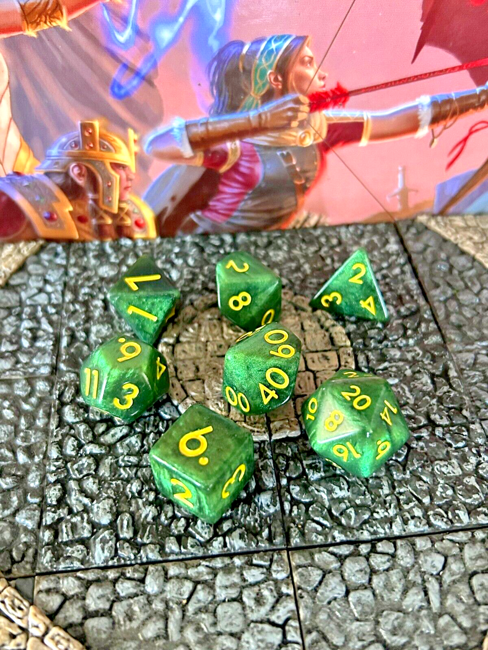 Elven Glitter Green w/ Yellow numbers 7pc Dice Set D&D dungeons dragons resin