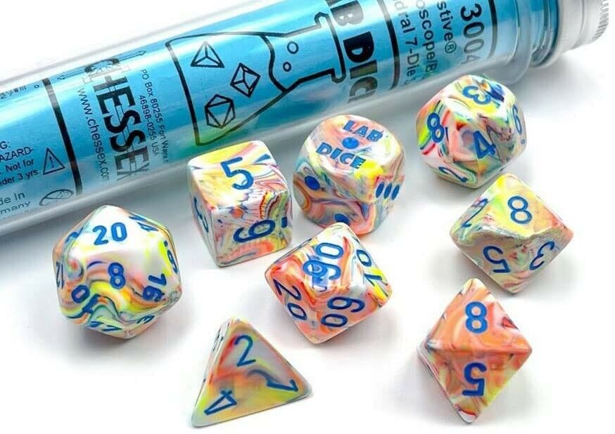 Chessex 30047 Lab Dice Kaleidoscope Poly w Blue dice 7 pc D&D Dungeons Dragons Z