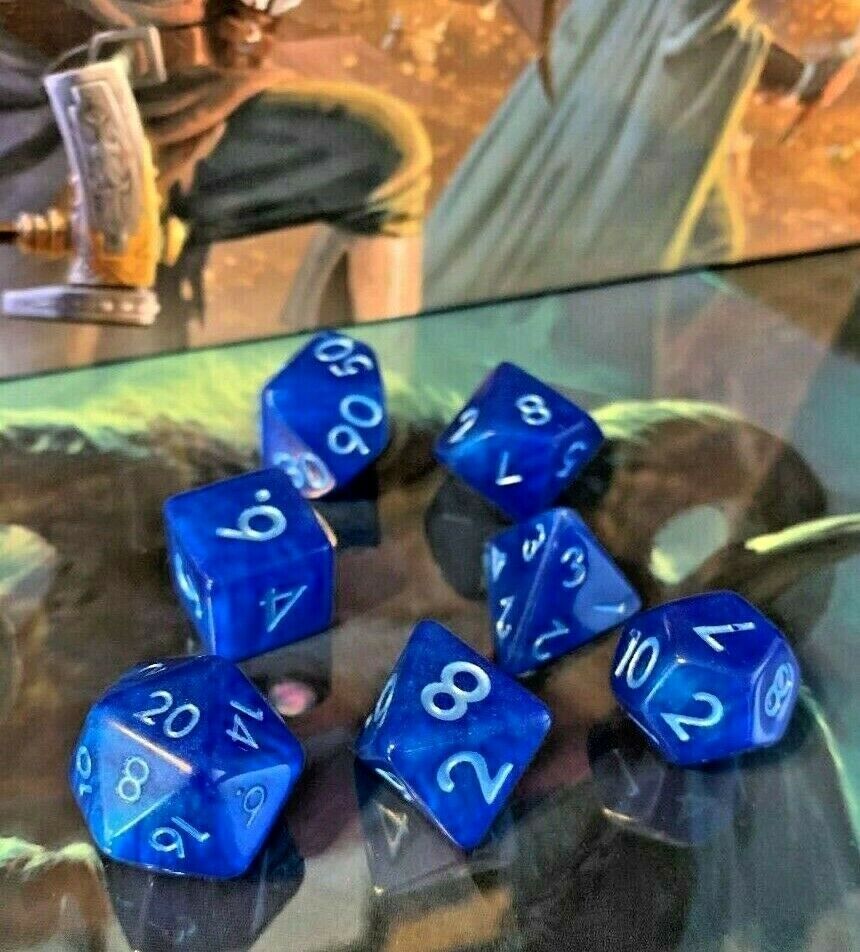 Sea Blue w/ Light Blue numbers 7 pc Dice Set D&D dungeons dragons icewind resin