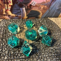 Glitter Teal Blue w/ Black numbers 7 pc Dice Set D&D dungeons dragons resin