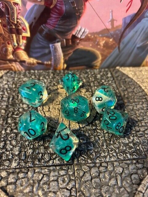 Glitter Teal Blue w/ Black numbers 7 pc Dice Set D&D dungeons dragons resin