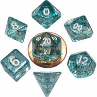 MDG MINI POLYHEDRAL 7 DICE SET 10mm Ethereal Light Blue w/ White numb RPG D&D Z