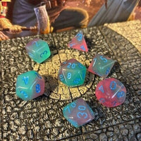 Planar Teal Pink w/ Blue numbers 7 pc Dice Set D&D dungeons dragons resin