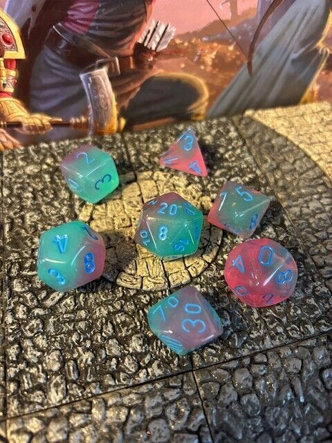 Planar Teal Pink w/ Blue numbers 7 pc Dice Set D&D dungeons dragons resin