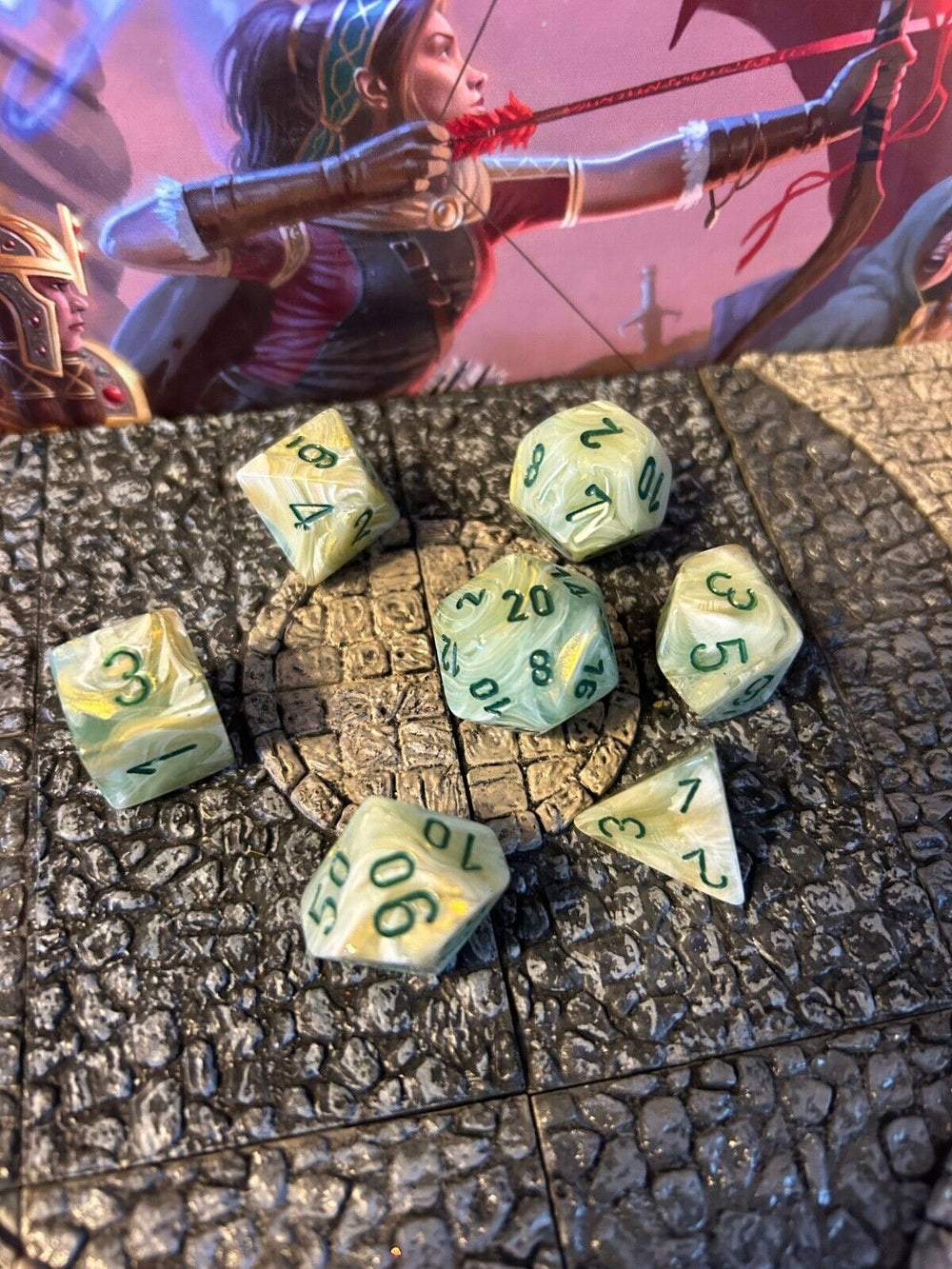 Ivory Green Marble w/ Green numbers 7 pc Dice Set D&D dungeons dragons resin