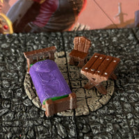 Bed Table Chair 3pc printed painted miniature Dungeon & Dragons D&D terrain PURP